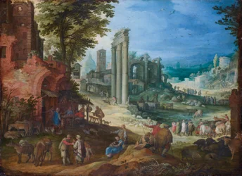 Näkymä Forum Romanumille, jossa on Castorin ja Polluxin temppeleiden pylväät ja Hadrianuksen basilika
