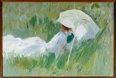 Taiteilijan vaimon Madame Helleun muotokuva ruohossa Paul Cesar Helleun (1859-1927) maalaus ennen vuotta 1927, öljy kankaalle, Dim. 0,54x0,81 m Rouen, musee des Beaux Arts - Taidemaalarin vaimon Madame Helleun muotokuva, joka makaa nurmikolla. Maalaus b
