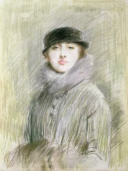 Muotokuva naisesta turkiskaulus ja muhvi, 1900-luku (piirustus)