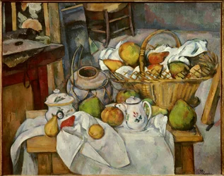 Keittiön pöytä eli asetelma korin kanssa. Pöydälle koottuja esineitä ja hedelmiä, 1888. 0,65 x 0,81 m. Pariisi, Musée d