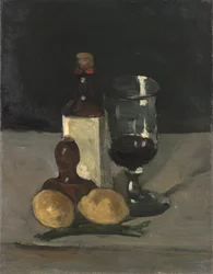 Asetelma, jossa on pullo, lasi ja sitruunoita, 1867-9