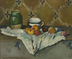 Asetelma purkin, kupin ja omenoiden kanssa, n. 1877.