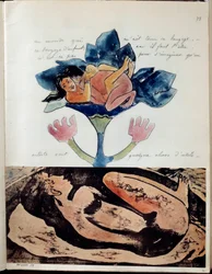 Taidemaalari Paul Gauguinin (1848-1903) albumi Noa (tai Noa Noa): folio 75. Ylhäällä akvarelli-, kynä- ja mustepiirros, joka esittää paria sukupuoliyhteydessä, ja alhaalla kaiverrus, jossa on akvarellikorostuksia nukkuvasta naisesta. Noin 1893