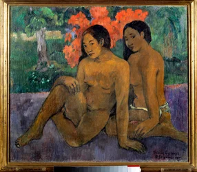 Ja heidän vartaloidensa kulta. Kaksi tahitilaista poseeraa alasti. 1901. Mitat: 0,67 x 0,76 m. Pariisi, Musée d