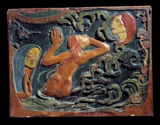 Paul Gauguinin (1848-1903) lehmuspuuhun kaiverrettu Ole mystinen helpotus