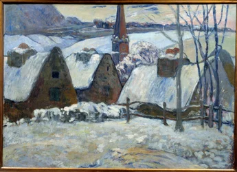 Breton kylä lumen alla vuonna 1894. Paul Gauguinin maalaus (1848 - 1903)