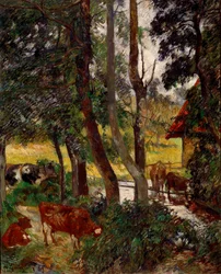Maisema Bretagnen lehmät kastelukulho tai Corner de pond. Paul Gauguinin maalaus (1848-1903)