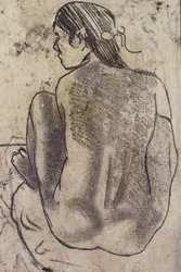 Istuvan tahitilaisen alastonmallin selkäpuoli, noin 1902