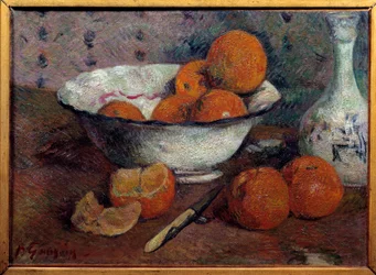 Asetelma ja appelsiineja. Paul Gauguinin (1848-1903) maalaus, noin 1880. Mitat: 0,33 x 0,46 m. Rennes, taidemuseo