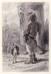 Gulliver tapaa kuningattaren 30 jalkaa pitkä kääpiö, joka on iloinen saadessaan jonkun oikeudessa pienempi kuin hän kiusata, alkaen Ranskan painos Gullivers Travels Jonathan Swiftin Gullivers Travels