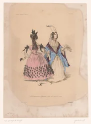 Kaksi naista juhlapukuissa Transvestissemens originaux pour les Bals de 1834 (otsikko esineessä) Mielikuvitukselliset vaatteet (sarjan nimi) Fantaisies (sarjan nimi esineellä)