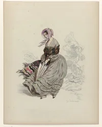 Nainen kävelee tuulessa päivänvarjon kanssa, 1840
