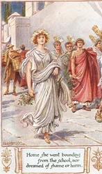 Kotiin hän meni koulusta ei uneksinut häpeästä tai vahingosta, kuvitus "The Lays of Ancient Rome", kirjoittanut Thomas Babington Macaulay