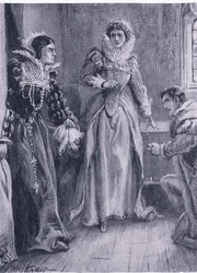 Kuningatar Mary Elizabeth ja Courtenay Vastaan tähän kysymykseen, huudahti Mary heittäen syrjään Arrasin, kuvituksen Maailman parhaiden kirjojen kirjastosta, n. 1940