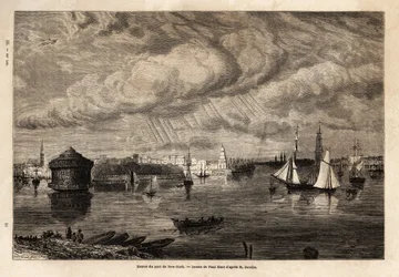 New Yorkin sataman sisäänkäynti, Paul Huetin (1803-1869) piirustus havainnollistamaan L. Devillen matkoja Pohjois-Amerikkaan vuosina 1854-1855. Kaiverrus ”” Le tour du monde”” 1861. Selvan kokoelma.