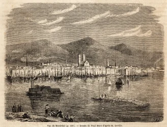 Montrealin näkymä, Paul Huetin (1803-1869) piirustus havainnollistamaan matkoja Pohjois-Amerikkaan vuosina 1854-1855, L. Deville. Kaiverrus ”” Le tour du monde”” 1861. Selvan kokoelma.