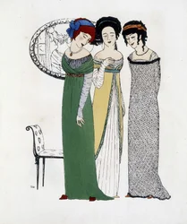 Paul Poiretin luomus elokuvasta "Les Dresses de Paul Poiret", piirros Paul Iribe. 1908