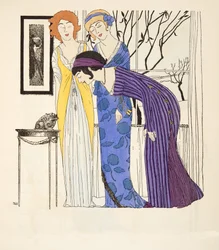 Kolme empire line -mekkoa Les Robes de Paul Poiret -pubista. 1908 (stensiiliprintti)