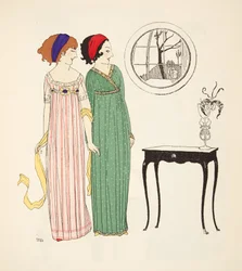 Kaksi empire line -päivämekkoa Les Robes de Paul Poiret -pubista. 1908 (stensiiliprintti)