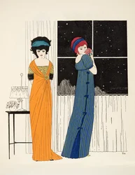 Kaksi empire line -mekkoa Les Robes de Paul Poiret -pubista. 1908 (stensiiliprintti)