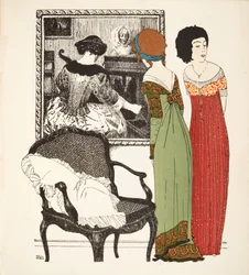 Kaksi empire line -mekkoa Les Robes de Paul Poiret -pubista. 1908 (stensiiliprintti)