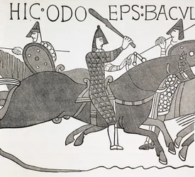 Piispa Edues pitelemässä virkakapulaansa ja kannustamassa Normandian herttuan sotilaita Hastingsin taistelussa. Bayeux