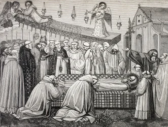 Pyhän Benedictus Nursian eli San Benedetto Da Norcian kuolema, 480-547, Monte Cassinon luostarissa.