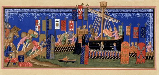 Pyhän Hengen ritarien aloitus ristiretkelle - perustuu 1300-luvun miniatyyriin, Paul Lacroixin "" Sotilaallinen ja uskonnollinen elämä keskiajalla ja renessanssin aikakaudella" -sarjaan.