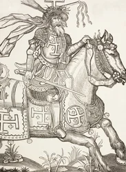 Gottfried Bouillonilainen, noin 1060-1100, keskiaikainen frankkilainen ritari. Ensimmäisen ristiretken johtaja. Tässä hänet nähdään kruunattuna Kristuksen kärsimyksen välineillä. 1400-luvun puupiirroksen mukaan.