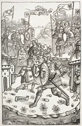 Kuningas Artus eli Arthur taistelee jättiläistä vastaan neitsyen suojeluksessa. Alain Bouchardin vuonna 1514 julkaiseman Chroniques De Bretagne -teoksen puupiirroksen mukaan.