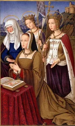 Muotokuva Bretagnen Annesta (1477-1514), Ranskan kuningattaresta, rukoilemassa pyhän suojeluspyhimyksensä Pyhän Annan, Pyhän Helenan ja Pyhän Ursulen kanssa - Paulin teoksessa "" Sotilas- ja uskonnollinen elämä keskiajalla ja renessanssikaudella" Lacroix, 