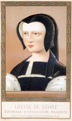 Louise de Savoien (1476-1531), Angoulemen herttuattaren ja Ranskan Regenten muotokuva. Kromolitografia Paul Lacroix