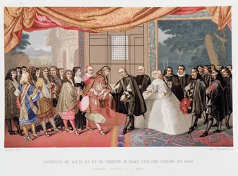 Kolmikymmenvuotinen sota: "" Ranskan kuninkaan Ludvig XIV:n (1638-1715) ja Espanjan Filip IV:n (1605-1665) haastattelu Paisansin saarella 7.11.1659" Espanja suostuu allekirjoittamaan sopimuksen Pyreneet. Philip IV:n tytär Marie Therese (Marie-Therese)