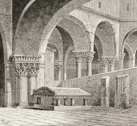 Godfrey De Boullonin hauta, noin 1060-1100, sellaisena kuin se oli Jerusalemin Pyhän haudan kirkossa. Hauta on nyt tuhottu. Paikalla vuonna 1828 tehdyn piirroksen mukaan.