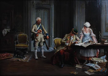 Le Billet de Logement. Öljy paneelille, signeerattu ja päivätty P Jazet 1879.