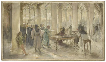 Luonnos Pariisin kauppatuomioistuimen istuntosalista: Le livre des métiers, noin 1891 (lyijykynä, öljy kankaalle).