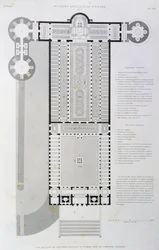 Keisari Konstantinuksen rakennuttaman vanhan basilikan ennallistettu pohjapiirros, kaiverrus teoksesta "Vatikaani ja Pietarinkirkko"