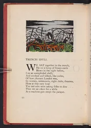 Juoksuhaudan idylli, kuvitus Richard Aldingtonin kirjasta "Images of War". Lontoo, The Beaumont Press, sivu 22.