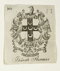 Kirjakilpi Isaiah Thomasille (1749-1831), n. 1765-1770 (kaiverrus paperille)