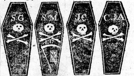Piirros Bostonin verilöylyn neljästä arkusta, painettu Boston Gazette -lehdessä 12. maaliskuuta 1770