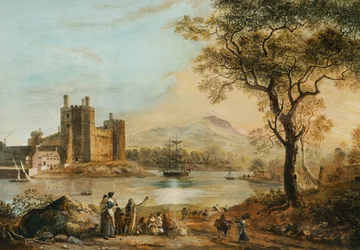 Caernarvonin linna, jossa harperi etualalla,