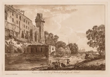 Näkymät Warwickin linnalle: Caesars ower ja osa Warwickin linnaa saarelta, 1776.