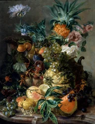 Hedelmien ja kukkien asetelma. Paul Theodor van Brusselin (1754-1795) maalaus Yksityiskokoelma.