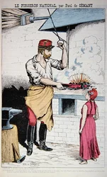 Kuvitus "La Bombesta", joka kuvaa kenraali Boulangeria Mariannen kanssa, karikatyyri Ranskan vaaleista 1889, 9. kesäkuuta 1889 (värilitho)