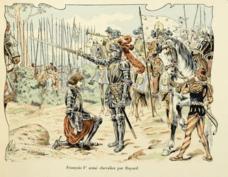 Kuva otettu Theodore Cahun kirjasta "Histoire du chevalier Bayard", kuvittanut Paul De Semant (1855-1915): Francois 1, er arme chevalier par Bayard 1515