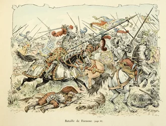 Kuvitus otettu Theodore Cahun kirjasta "Histoire du chevalier Bayard", kuvittanut Paul De Semant (1855-1915): Fornouan taistelu 1495