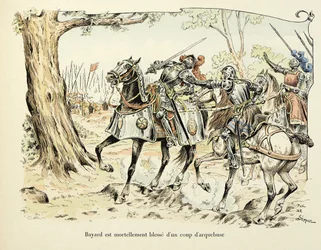 Kuvitus otettu Theodore Cahun kirjasta "Histoire du chevalier Bayard", kuvittanut Paul De Semant (1855-1915): Bayard haavoi kuolettavia arquebuse 1524 -laukauksella