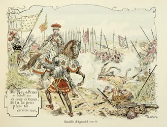 Kuvitus otettu Theodore Cahun kirjasta "Histoire du chevalier Bayard", kuvittanut Paul De Semant (1855-1915): Agnadelin taistelu 1509
