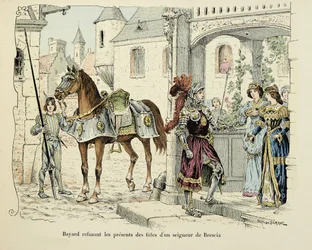 Kuva otettu Theodore Cahun kirjasta "Histoire du chevalier Bayard", kuvittanut Paul De Semant (1855-1915): Bayard kieltäytyy antamasta Brescian herran tyttärien lahjoja 1512