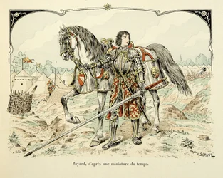 Kuvitus otettu Theodore Cahun kirjasta "Histoire du chevalier Bayard", kuvittanut Paul De Semant (1855-1915): Bayardin muotokuva aikakauden pienoismallin jälkeen